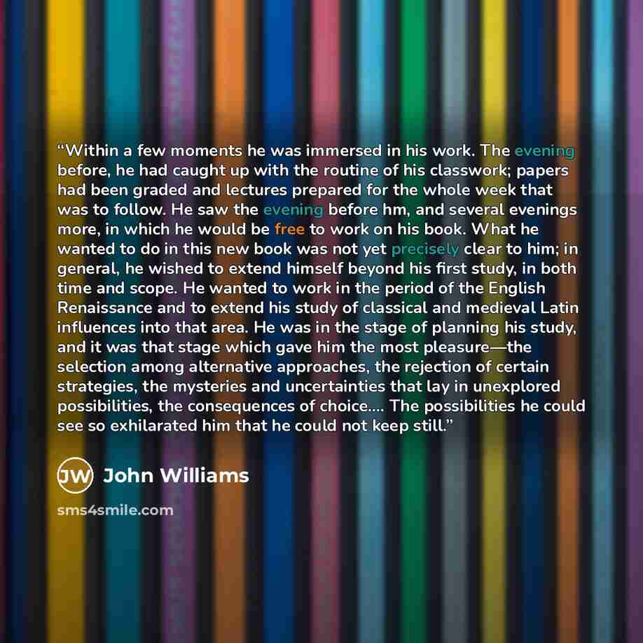 “Within a few moments he was immersed in his work. The evening before, he had caught up with the routine of his classwork; papers had been graded and lectures prepared for the whole week that was to follow. He saw the evening before hm, and several evenings more, in which he would be free to work…” quote by John Williams