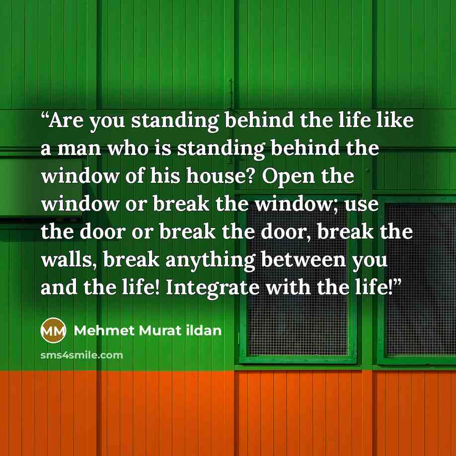 “Are you standing behind the life like a man who is standing behind the window of his house? Open the window or break the window; use the door or break the door, break the walls, break anything between you and the life! Integrate with the life!” quote by Mehmet Murat ildan