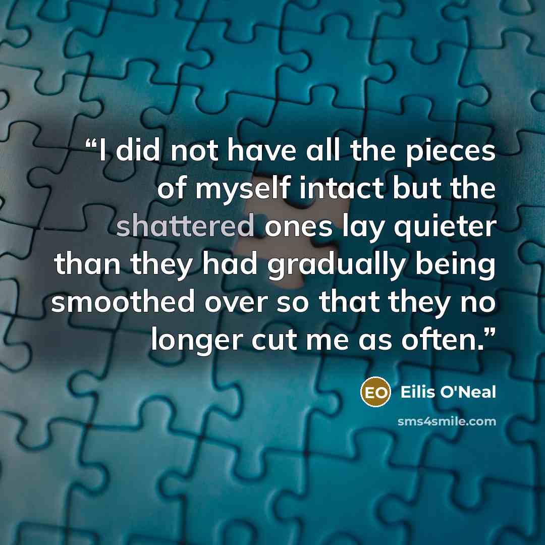 “I did not have all the pieces of myself intact but the shattered ones lay quieter than they had gradually being smoothed over so that they no longer cut me as often.” quote by Eilis O'Neal