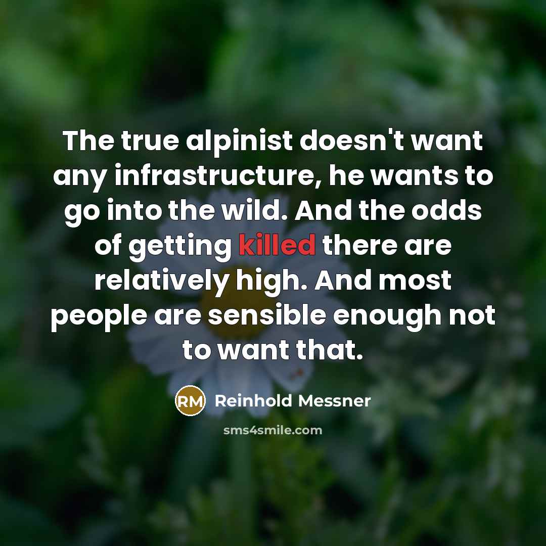 “The true alpinist doesn't want any infrastructure, he wants to go into the wild. And the odds of getting killed there are relatively high. And most people are sensible enough not to want that.” quote by Reinhold Messner