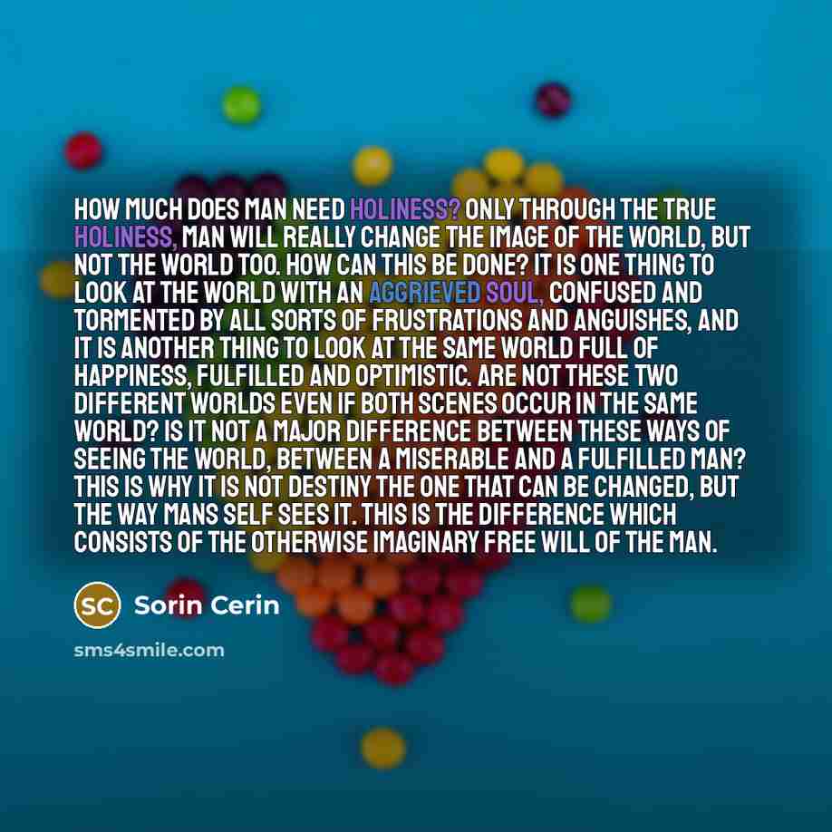 “How much does man need Holiness? Only through the true Holiness, Man will really change the image of the world, but not the world too. How can this be done? It is one thing to look at the world with an aggrieved soul, confused and tormented by all sorts of frustrations and anguishes, and it is…” quote by Sorin Cerin