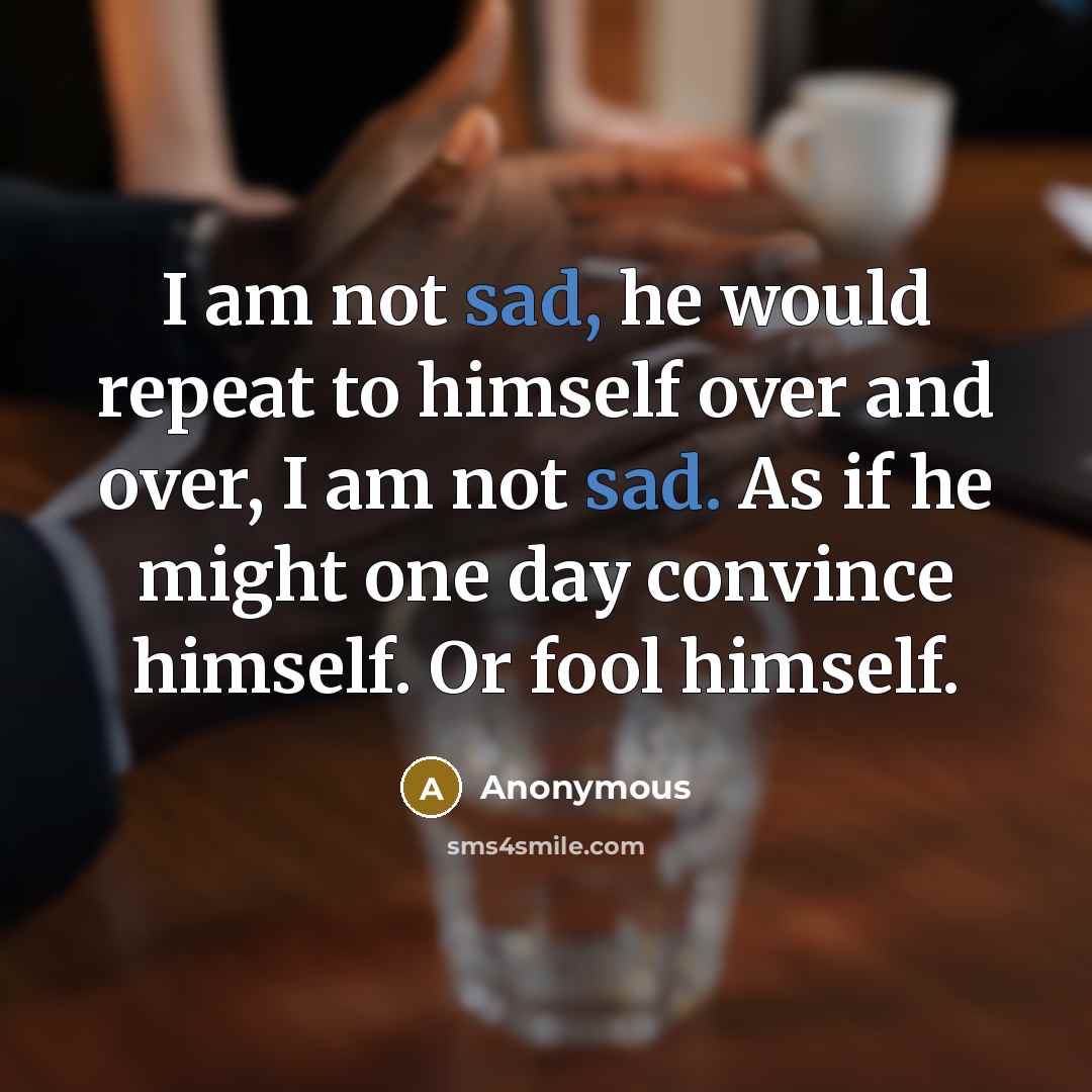 “I am not sad, he would repeat to himself over and over, I am not sad. As if he might one day convince himself. Or fool himself.” quote by Anonymous
