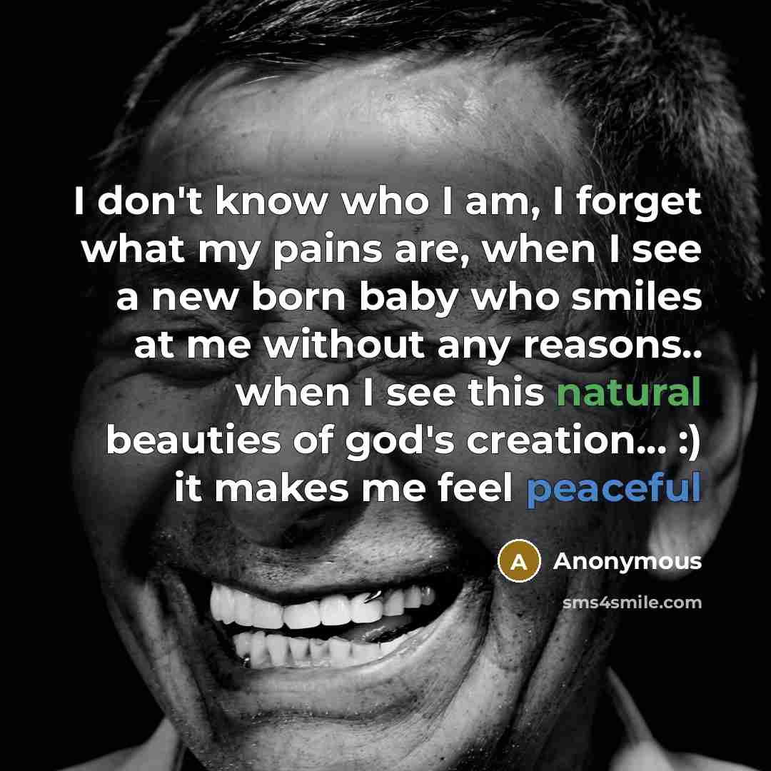 “I don't know who I am, I forget what my pains are, when I see a new born baby who smiles at me without any reasons.. when I see this natural beauties of god's creation... :) it makes me feel peaceful” quote by Anonymous