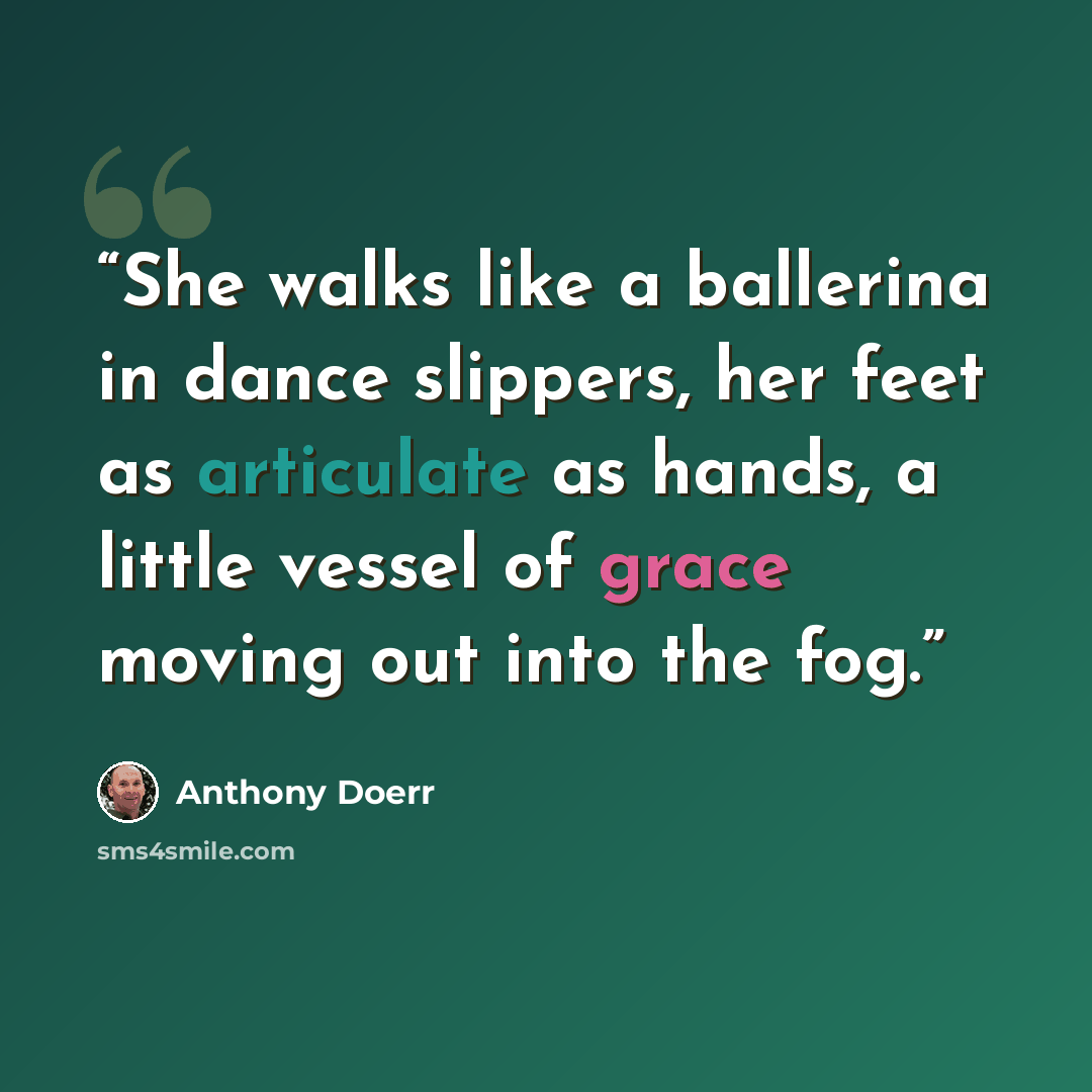 “She walks like a ballerina in dance slippers, her feet as articulate as hands, a little vessel of grace moving out into the fog.” quote by Anthony Doerr