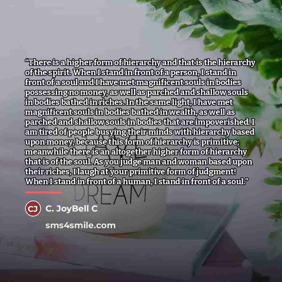 “There is a higher form of hierarchy and that is the hierarchy of the spirit. When I stand in front of a person, I stand in front of a soul and I have met magnificent souls in bodies possessing no money, as well as parched and shallow souls in bodies bathed in riches. In the same light, I have met…” quote by C. JoyBell C