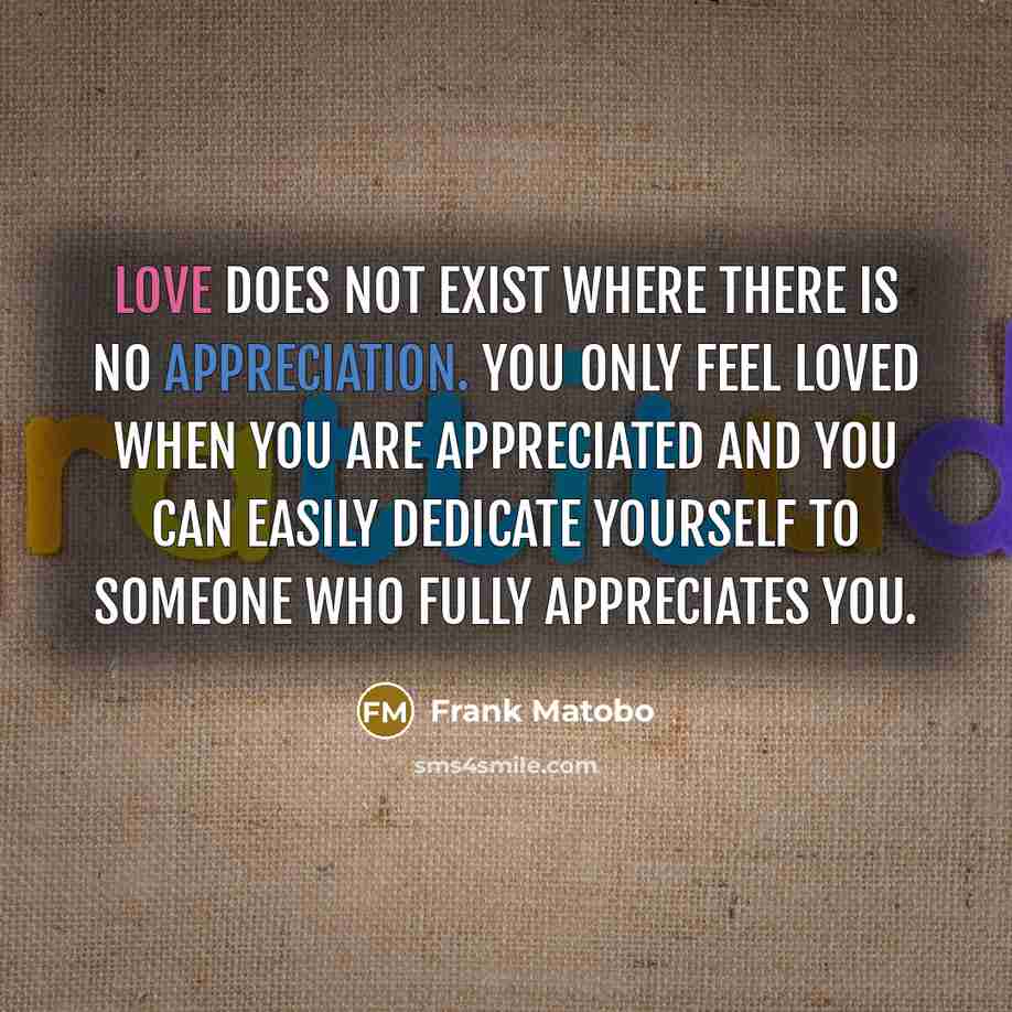 “Love does not exist where there is no appreciation. You only feel loved when you are appreciated and you can easily dedicate yourself to someone who fully appreciates you.” quote by Frank Matobo