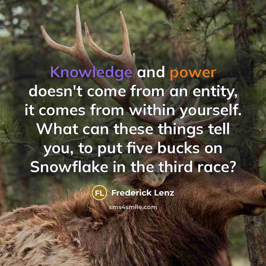 “Knowledge and power doesn't come from an entity, it comes from within yourself. What can these things tell you, to put five bucks on Snowflake in the third race?” quote by Frederick Lenz