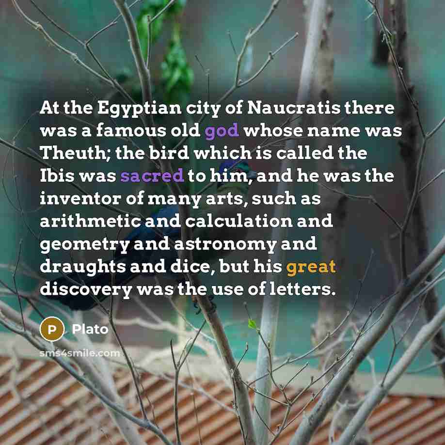 “At the Egyptian city of Naucratis there was a famous old god whose name was Theuth; the bird which is called the Ibis was sacred to him, and he was the inventor of many arts, such as arithmetic and calculation and geometry and astronomy and draughts and dice, but his great discovery was the use of…” quote by Plato