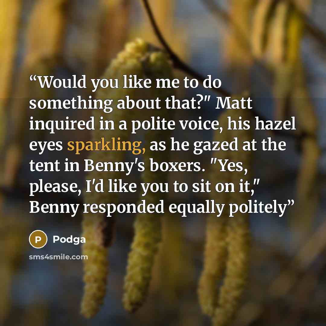 “Would you like me to do something about that?" Matt inquired in a polite voice, his hazel eyes sparkling, as he gazed at the tent in Benny's boxers. "Yes, please, I'd like you to sit on it," Benny responded equally politely” quote by Podga