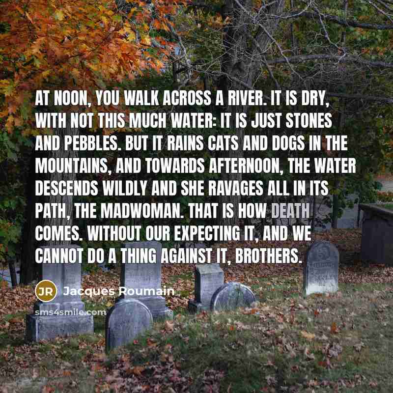 “At noon, you walk across a river. It is dry, with not this much water: it is just stones and pebbles. But it rains cats and dogs in the mountains, and towards afternoon, the water descends wildly and she ravages all in its path, the madwoman. That is how death comes. Without our expecting it, and…” quote by Jacques Roumain