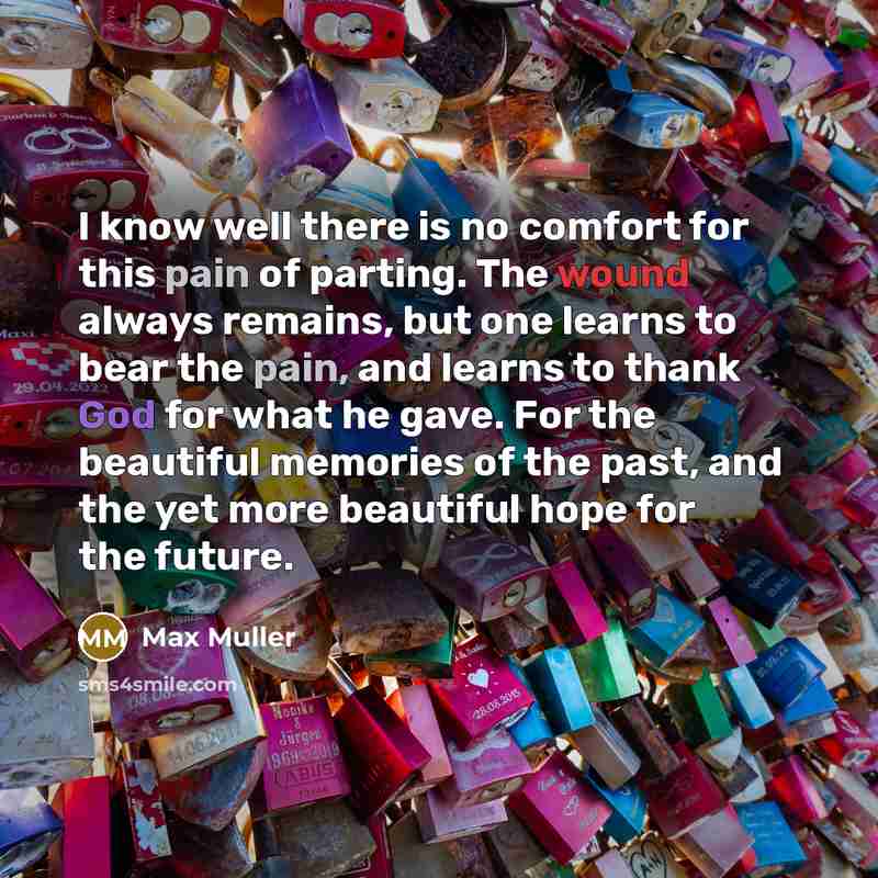 “I know well there is no comfort for this pain of parting. The wound always remains, but one learns to bear the pain, and learns to thank God for what he gave. For the beautiful memories of the past, and the yet more beautiful hope for the future.” quote by Max Muller