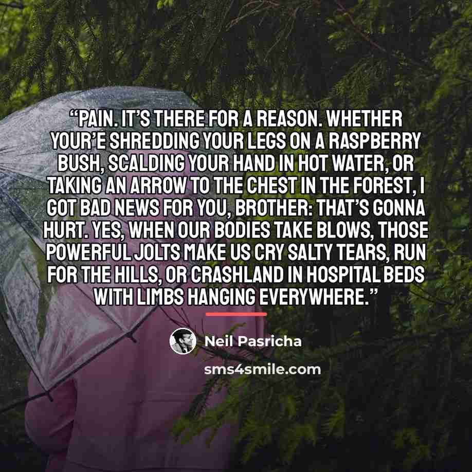 “Pain. It’s there for a reason. Whether your’e shredding your legs on a raspberry bush, scalding your hand in hot water, or taking an arrow to the chest in the forest, I got bad news for you, brother: That’s gonna hurt. Yes, when our bodies take blows, those powerful jolts make us cry salty tears…” quote by Neil Pasricha