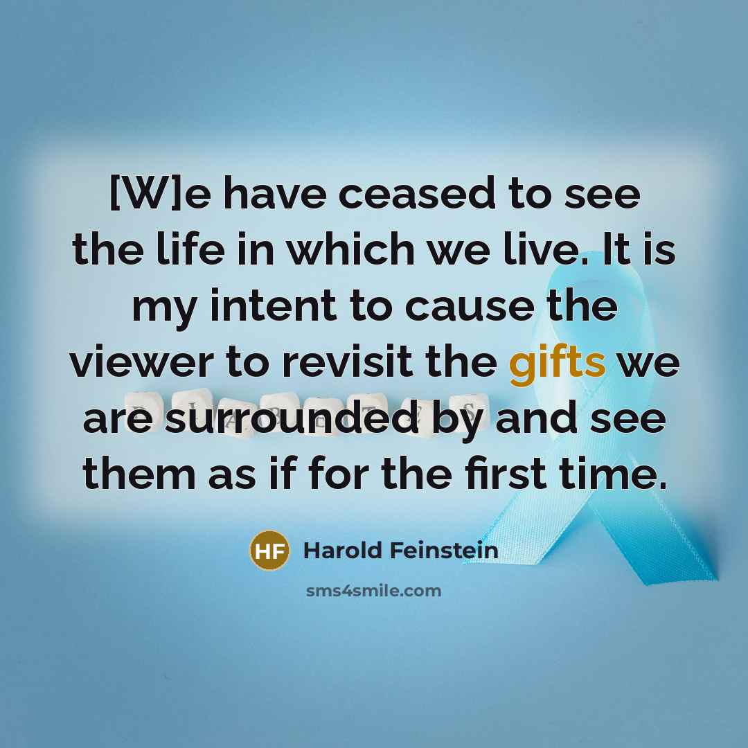 “[W]e have ceased to see the life in which we live. It is my intent to cause the viewer to revisit the gifts we are surrounded by and see them as if for the first time.” quote by Harold Feinstein