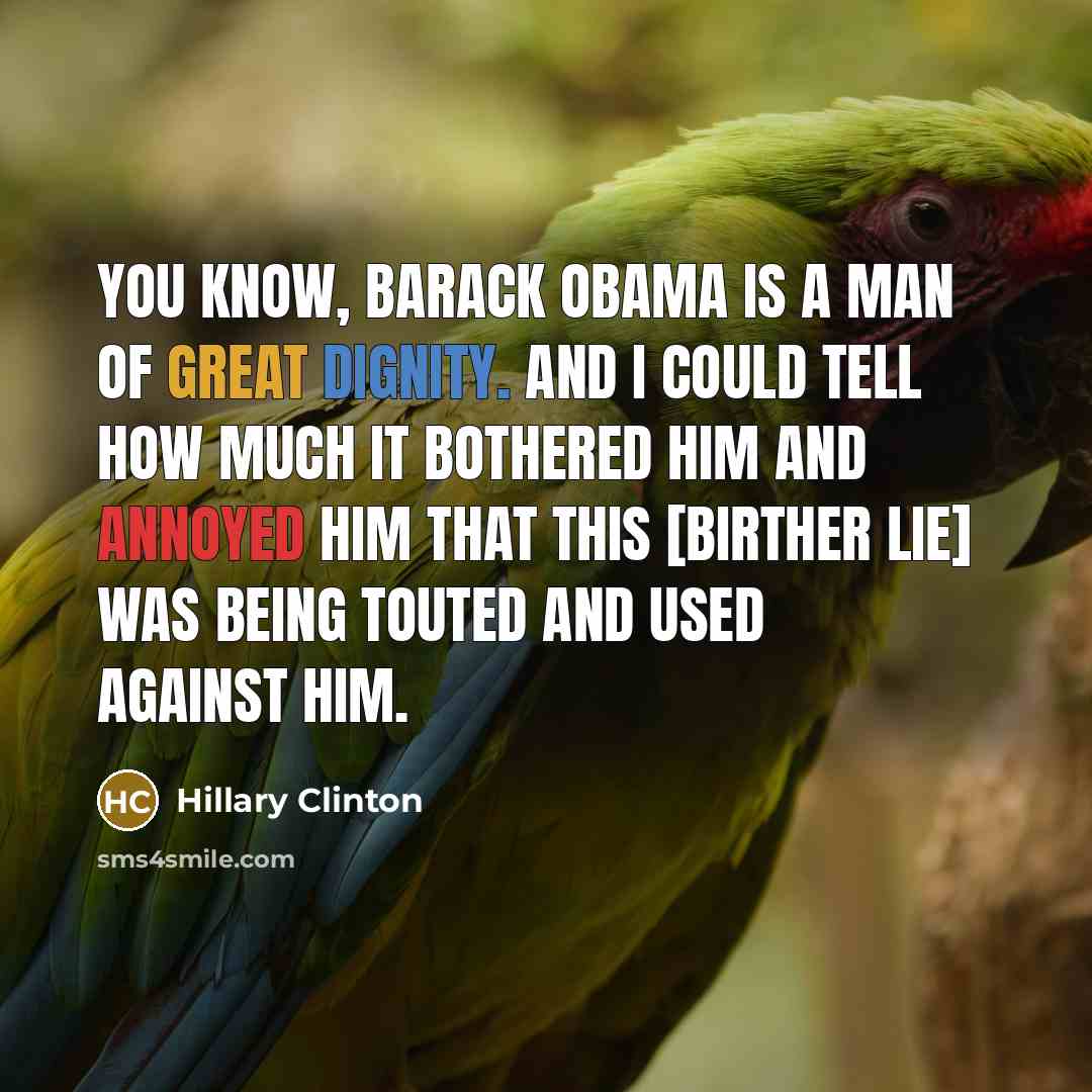 “You know, Barack Obama is a man of great dignity. And I could tell how much it bothered him and annoyed him that this [birther lie] was being touted and used against him.” quote by Hillary Clinton