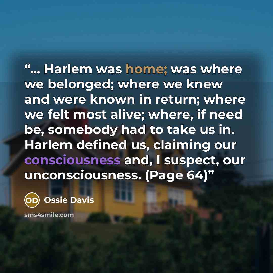 “... Harlem was home; was where we belonged; where we knew and were known in return; where we felt most alive; where, if need be, somebody had to take us in. Harlem defined us, claiming our consciousness and, I suspect, our unconsciousness. (Page 64)” quote by Ossie Davis
