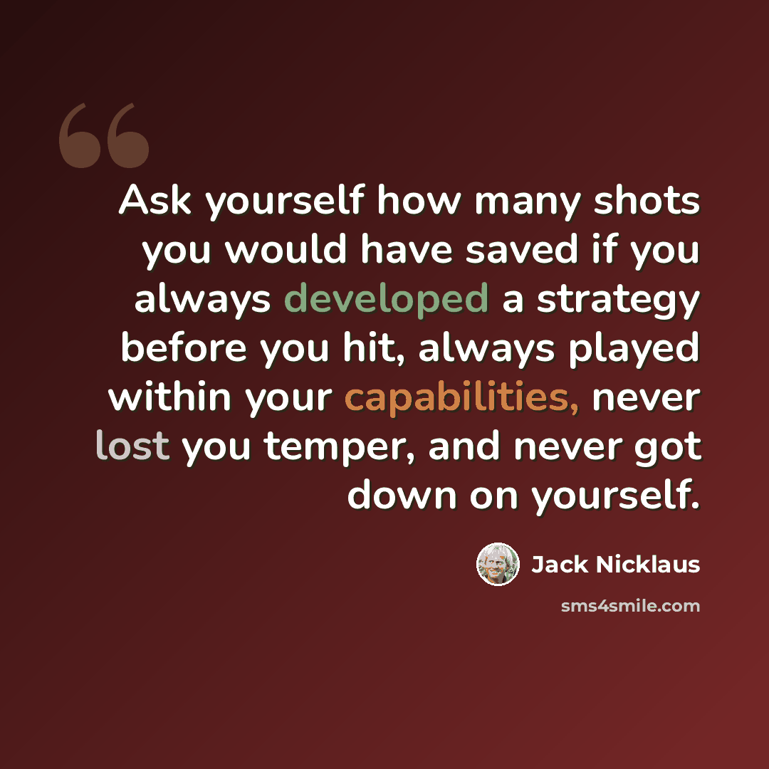 “Ask yourself how many shots you would have saved if you always developed a strategy before you hit, always played within your capabilities, never lost you temper, and never got down on yourself.” quote by Jack Nicklaus