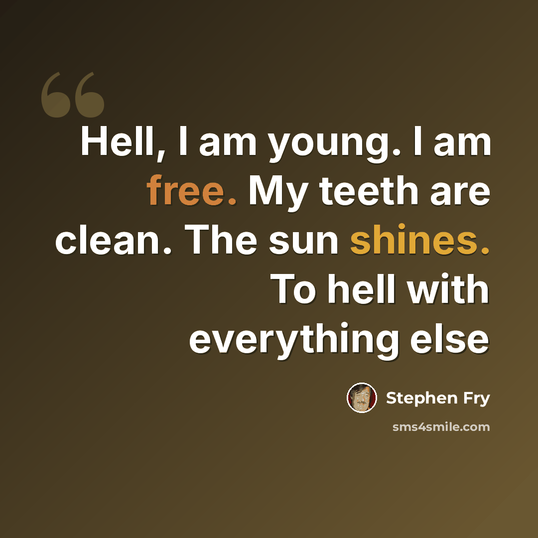 “Hell, I am young. I am free. My teeth are clean. The sun shines. To hell with everything else” quote by Stephen Fry