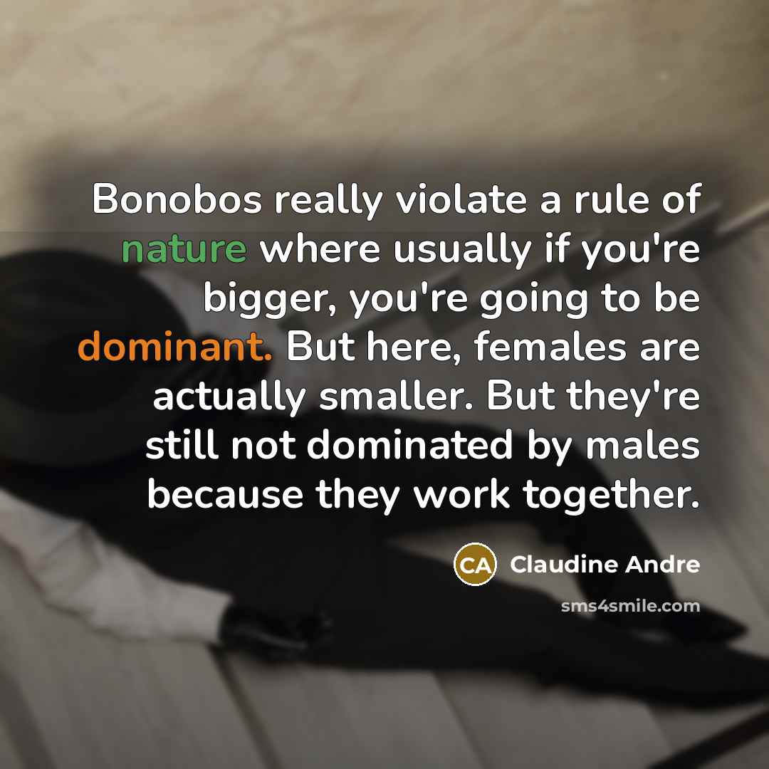 “Bonobos really violate a rule of nature where usually if you're bigger, you're going to be dominant. But here, females are actually smaller. But they're still not dominated by males because they work together.” quote by Claudine Andre