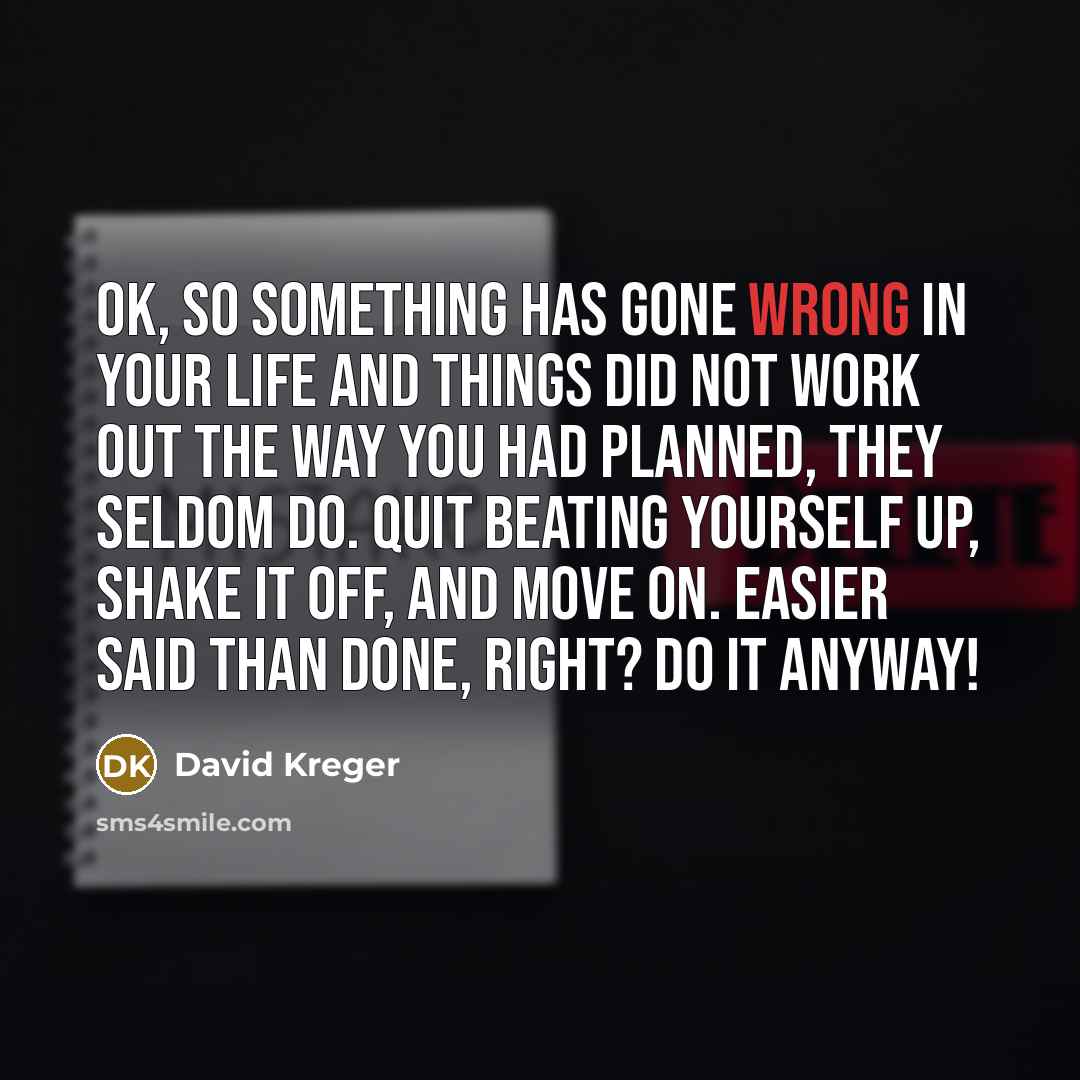 “Ok, so something has gone wrong in your life and things did not work out the way you had planned, they seldom do. Quit beating yourself up, shake it off, and move on. Easier said than done, right? Do it anyway!” quote by David Kreger