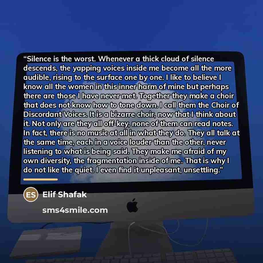 “Silence is the worst. Whenever a thick cloud of silence descends, the yapping voices inside me become all the more audible, rising to the surface one by one. I like to believe I know all the women in this inner harm of mine but perhaps there are those I have never met. Together they make a choir…” quote by Elif Shafak