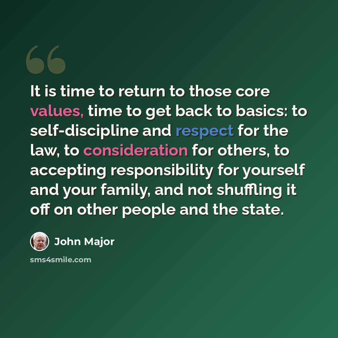 “It is time to return to those core values, time to get back to basics: to self-discipline and respect for the law, to consideration for others, to accepting responsibility for yourself and your family, and not shuffling it off on other people and the state.” quote by John Major