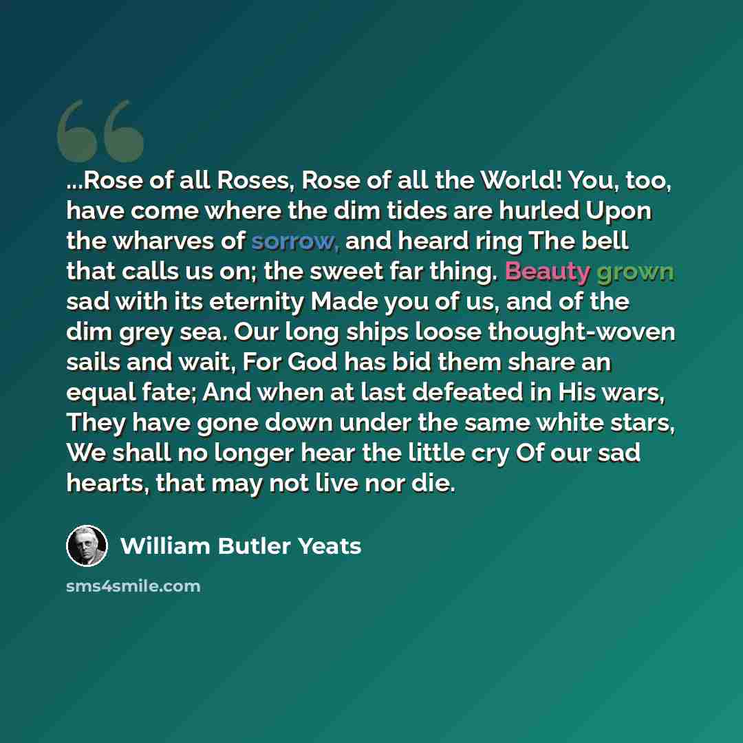 “...Rose of all Roses, Rose of all the World! You, too, have come where the dim tides are hurled Upon the wharves of sorrow, and heard ring The bell that calls us on; the sweet far thing. Beauty grown sad with its eternity Made you of us, and of the dim grey sea. Our long ships loose thought-woven…” quote by William Butler Yeats