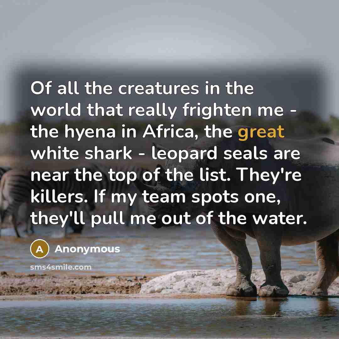 “Of all the creatures in the world that really frighten me - the hyena in Africa, the great white shark - leopard seals are near the top of the list. They're killers. If my team spots one, they'll pull me out of the water.” quote by Anonymous