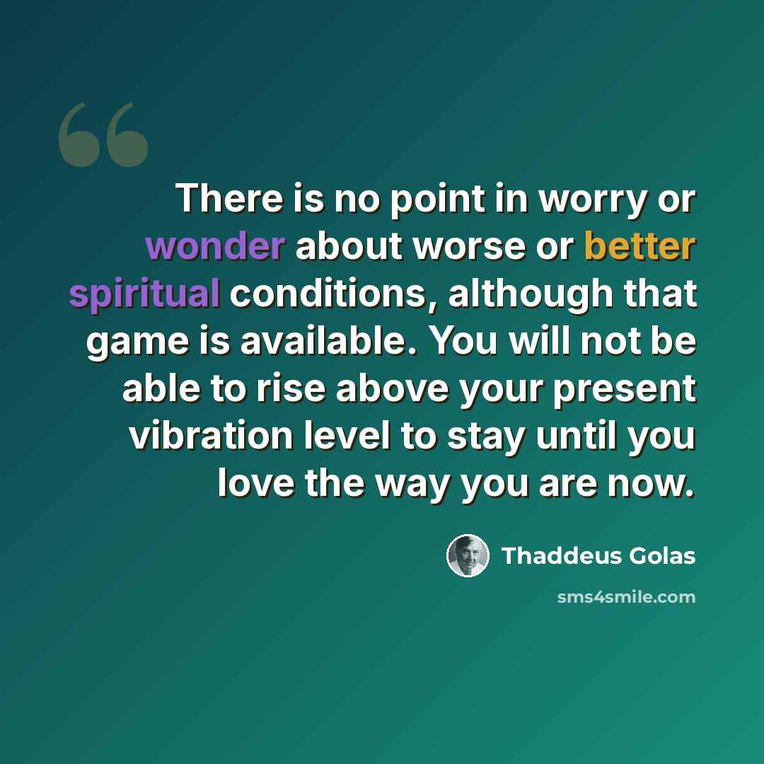 “There is no point in worry or wonder about worse or better spiritual conditions, although that game is available. You will not be able to rise above your present vibration level to stay until you love the way you are now.” quote by Thaddeus Golas