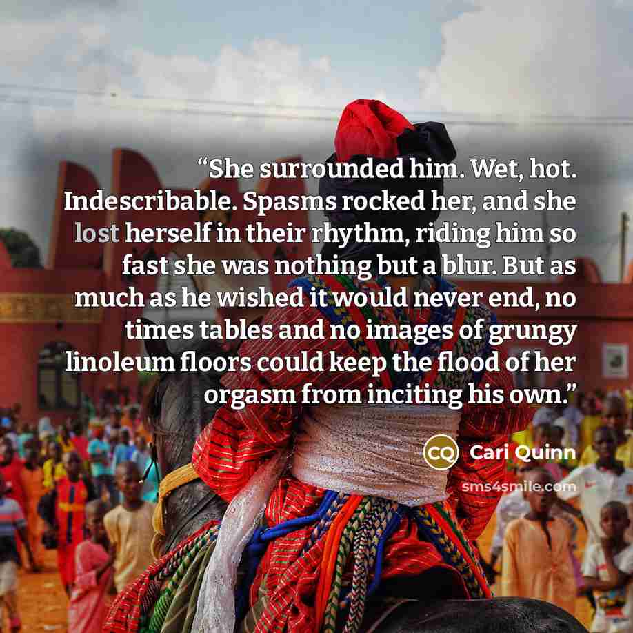 “She surrounded him. Wet, hot. Indescribable. Spasms rocked her, and she lost herself in their rhythm, riding him so fast she was nothing but a blur. But as much as he wished it would never end, no times tables and no images of grungy linoleum floors could keep the flood of her orgasm from inciting…” quote by Cari Quinn