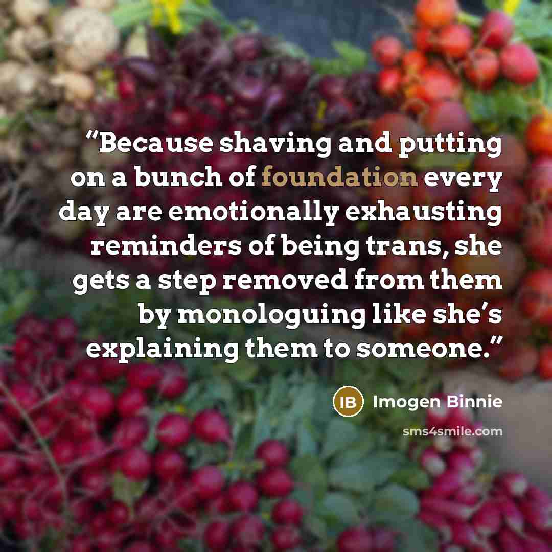 “Because shaving and putting on a bunch of foundation every day are emotionally exhausting reminders of being trans, she gets a step removed from them by monologuing like she’s explaining them to someone.” quote by Imogen Binnie