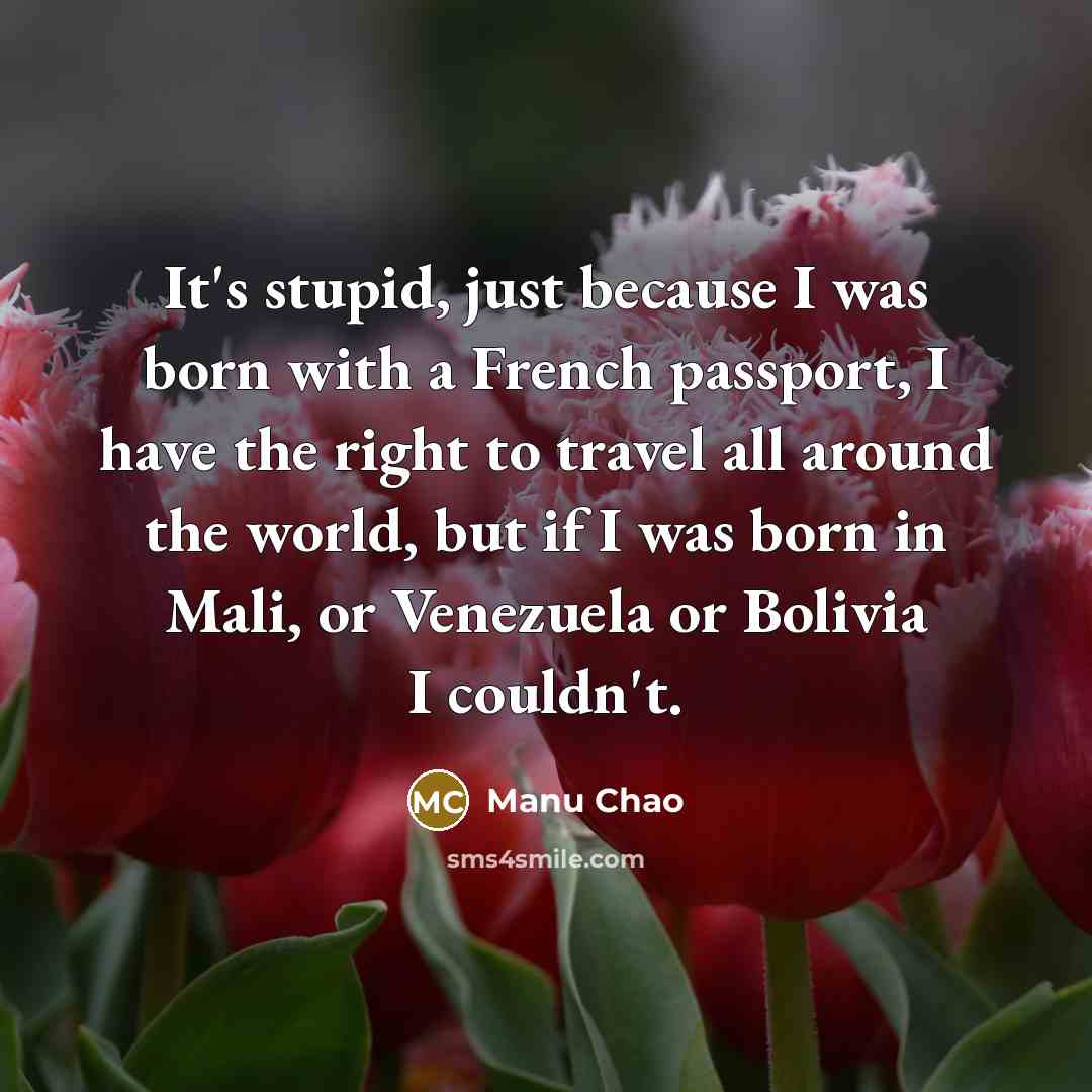 “It's stupid, just because I was born with a French passport, I have the right to travel all around the world, but if I was born in Mali, or Venezuela or Bolivia I couldn't.” quote by Manu Chao