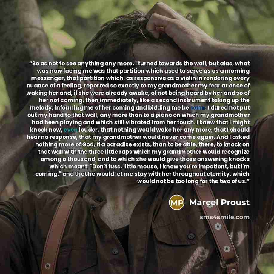 “So as not to see anything any more, I turned towards the wall, but alas, what was now facing me was that partition which used to serve us as a morning messenger, that partition which, as responsive as a violin in rendering every nuance of a feeling, reported so exactly to my grandmother my fear at…” quote by Marcel Proust