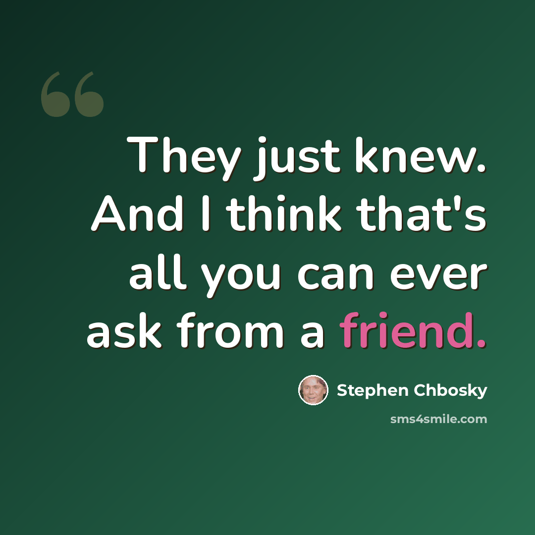 “They just knew. And I think that's all you can ever ask from a friend.” quote by Stephen Chbosky