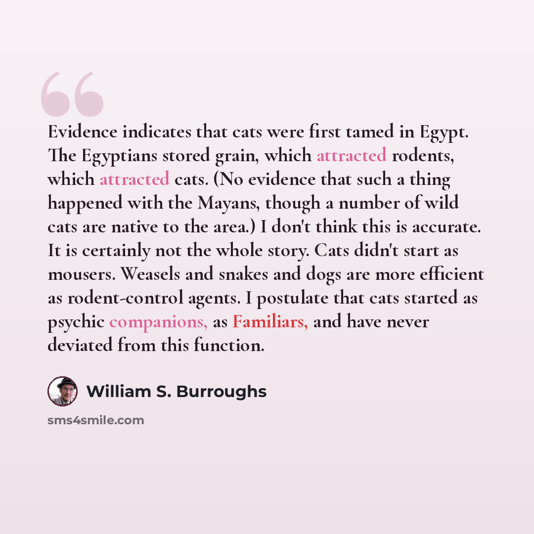 “Evidence indicates that cats were first tamed in Egypt. The Egyptians stored grain, which attracted rodents, which attracted cats. (No evidence that such a thing happened with the Mayans, though a number of wild cats are native to the area.) I don't think this is accurate. It is certainly not the…” quote by William S. Burroughs