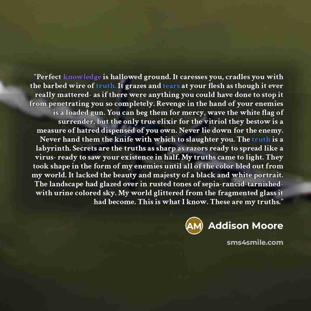 “Perfect knowledge is hallowed ground. It caresses you, cradles you with the barbed wire of truth. It grazes and tears at your flesh as though it ever really mattered- as if there were anything you could have done to stop it from penetrating you so completely. Revenge in the hand of your enemies is…” quote by Addison Moore