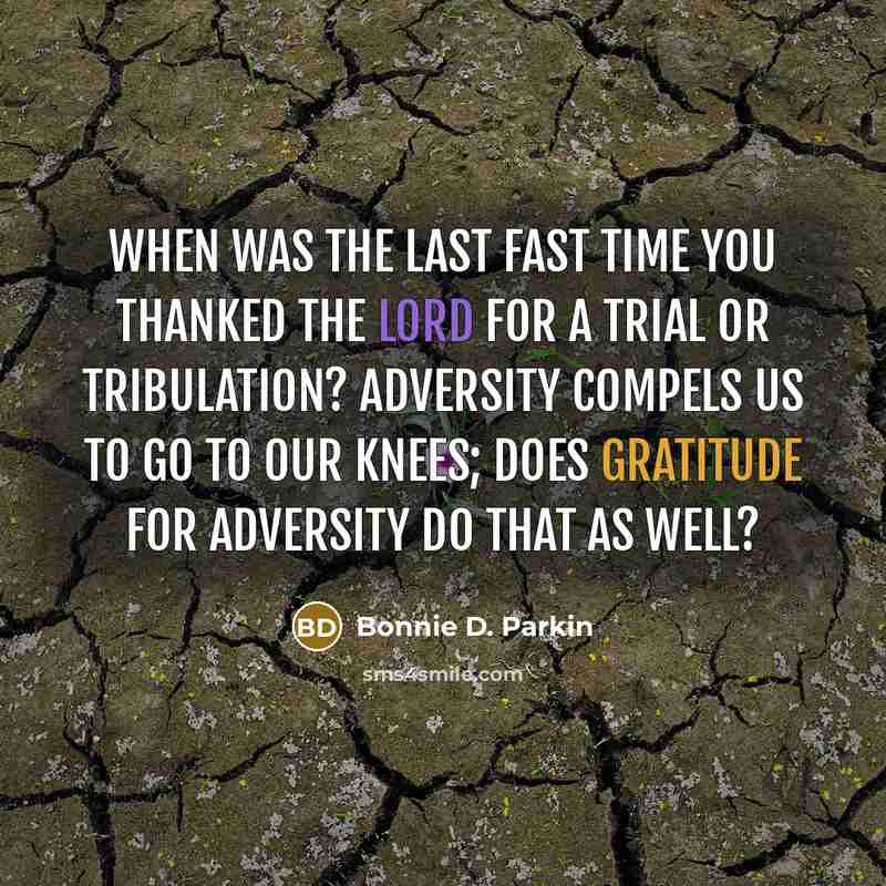 “When was the last fast time you thanked the Lord for a trial or tribulation? Adversity compels us to go to our knees; does gratitude for adversity do that as well?” quote by Bonnie D. Parkin