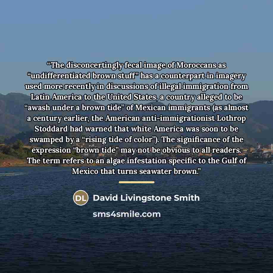 “The disconcertingly fecal image of Moroccans as “undifferentiated brown stuff” has a counterpart in imagery used more recently in discussions of illegal immigration from Latin America to the United States, a country alleged to be “awash under a brown tide” of Mexican immigrants (as almost a…” quote by David Livingstone Smith