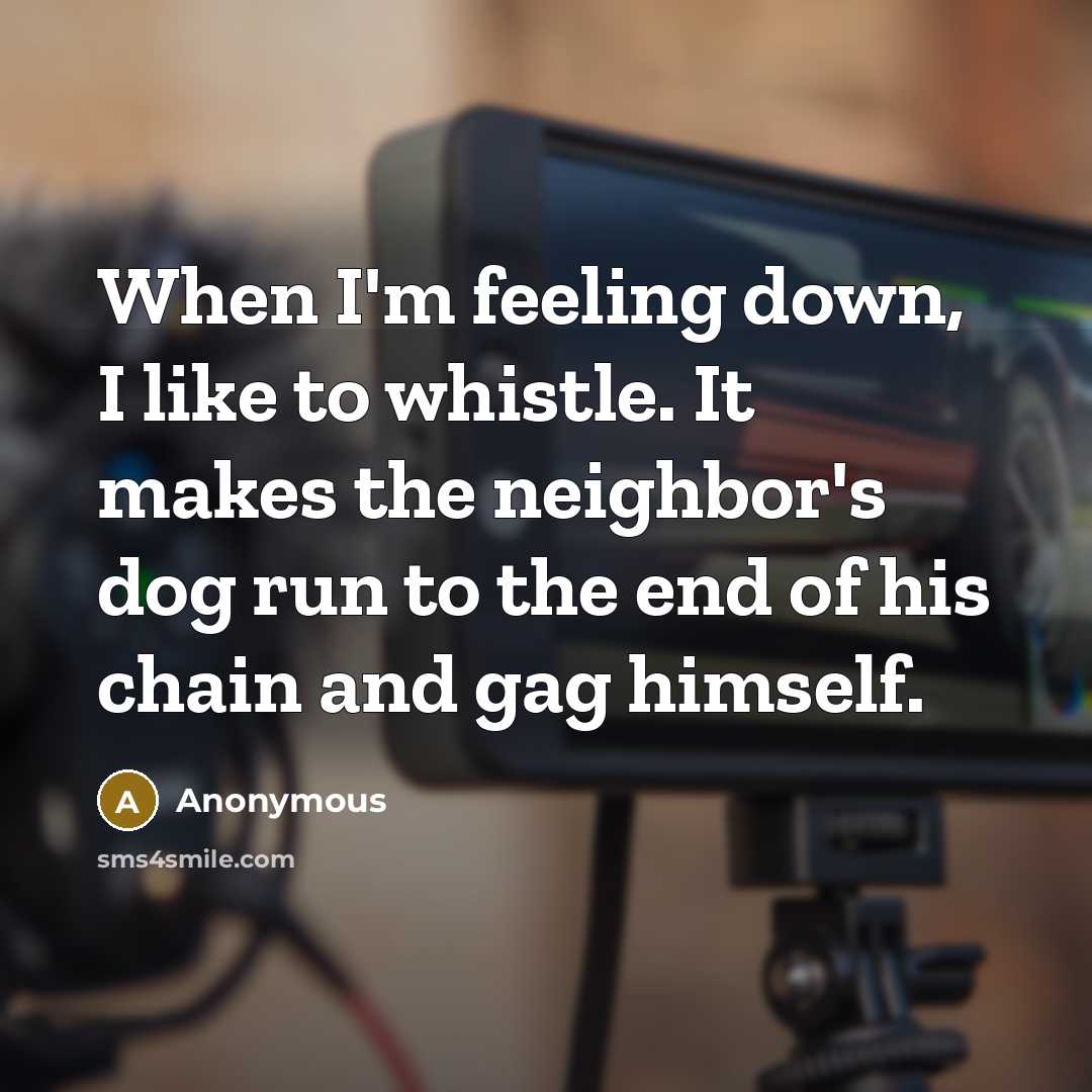 “When I'm feeling down, I like to whistle. It makes the neighbor's dog run to the end of his chain and gag himself.” quote by Anonymous