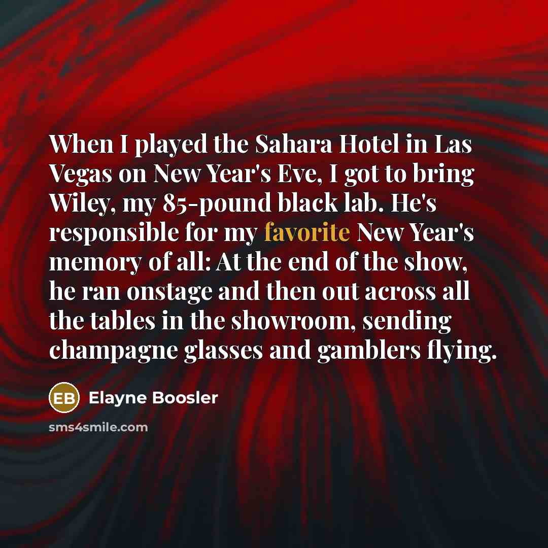 “When I played the Sahara Hotel in Las Vegas on New Year's Eve, I got to bring Wiley, my 85-pound black lab. He's responsible for my favorite New Year's memory of all: At the end of the show, he ran onstage and then out across all the tables in the showroom, sending champagne glasses and gamblers…” quote by Elayne Boosler