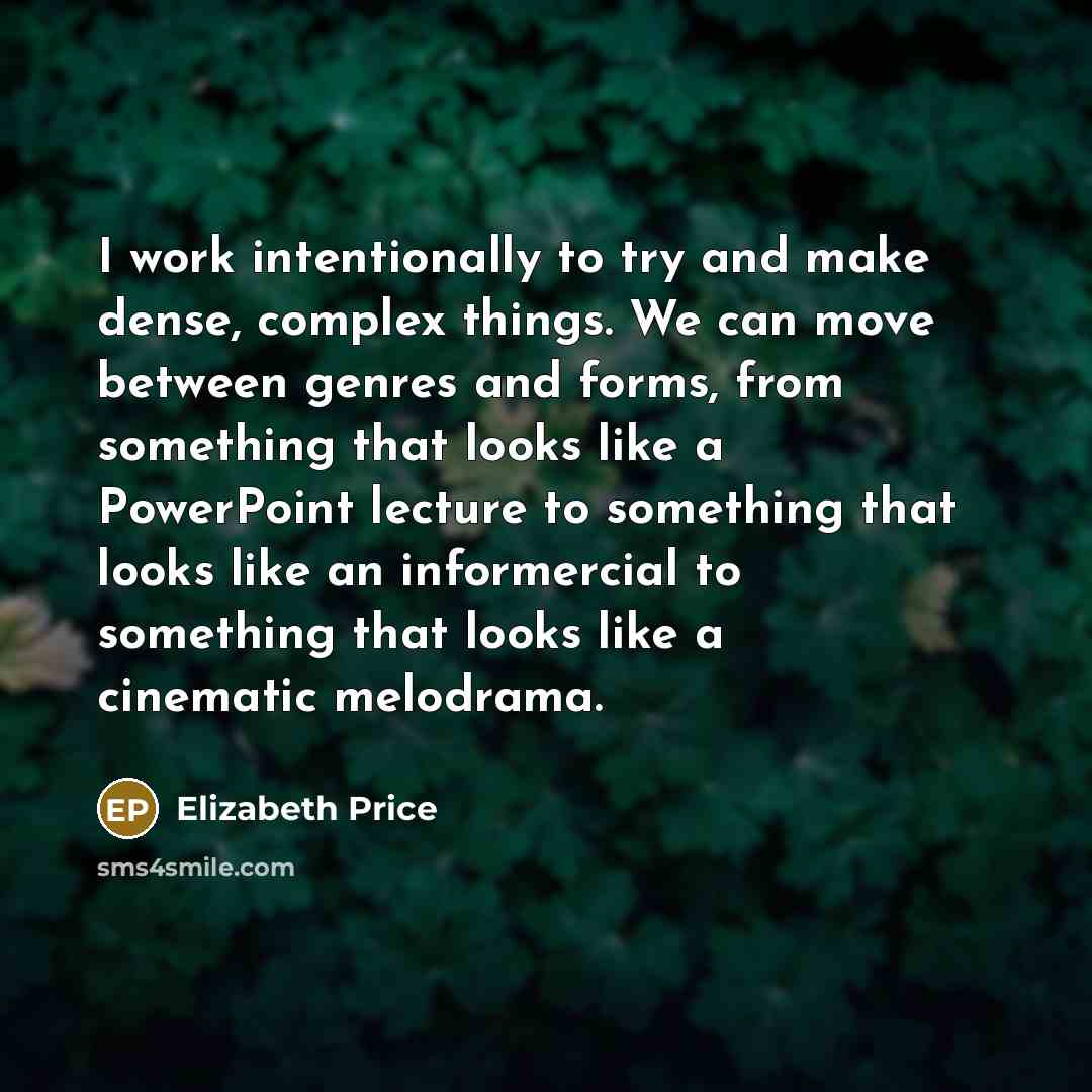 “I work intentionally to try and make dense, complex things. We can move between genres and forms, from something that looks like a PowerPoint lecture to something that looks like an informercial to something that looks like a cinematic melodrama.” quote by Elizabeth Price