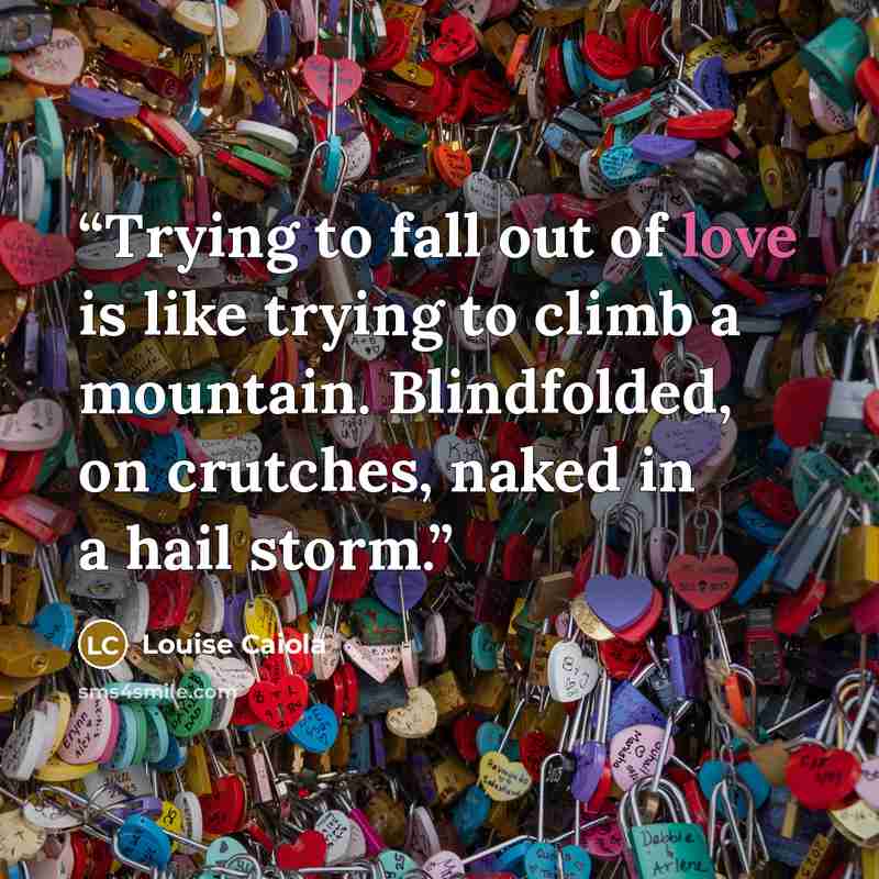 “Trying to fall out of love is like trying to climb a mountain. Blindfolded, on crutches, naked in a hail storm.” quote by Louise Caiola
