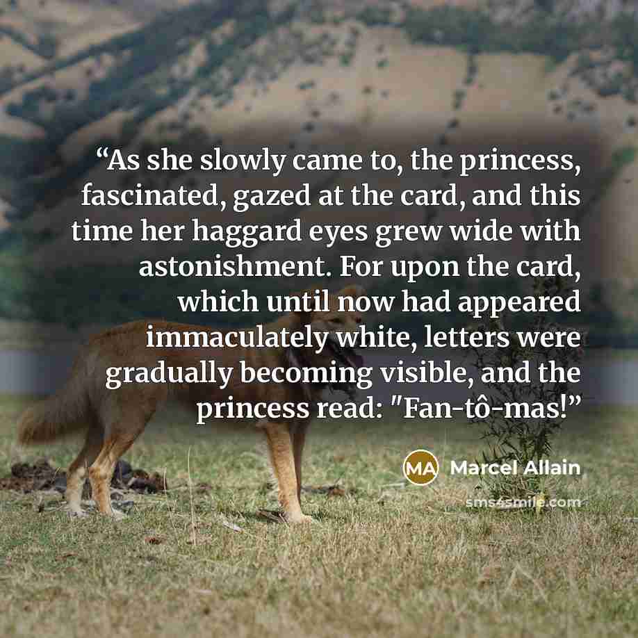 “As she slowly came to, the princess, fascinated, gazed at the card, and this time her haggard eyes grew wide with astonishment. For upon the card, which until now had appeared immaculately white, letters were gradually becoming visible, and the princess read: "Fan-tô-mas!” quote by Marcel Allain