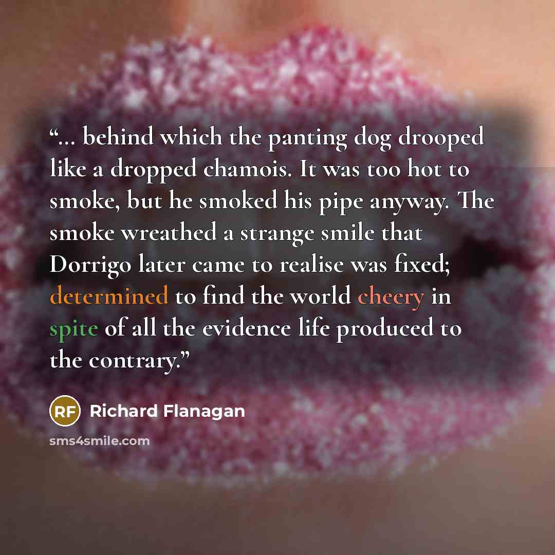 “… behind which the panting dog drooped like a dropped chamois. It was too hot to smoke, but he smoked his pipe anyway. The smoke wreathed a strange smile that Dorrigo later came to realise was fixed; determined to find the world cheery in spite of all the evidence life produced to the contrary.” quote by Richard Flanagan