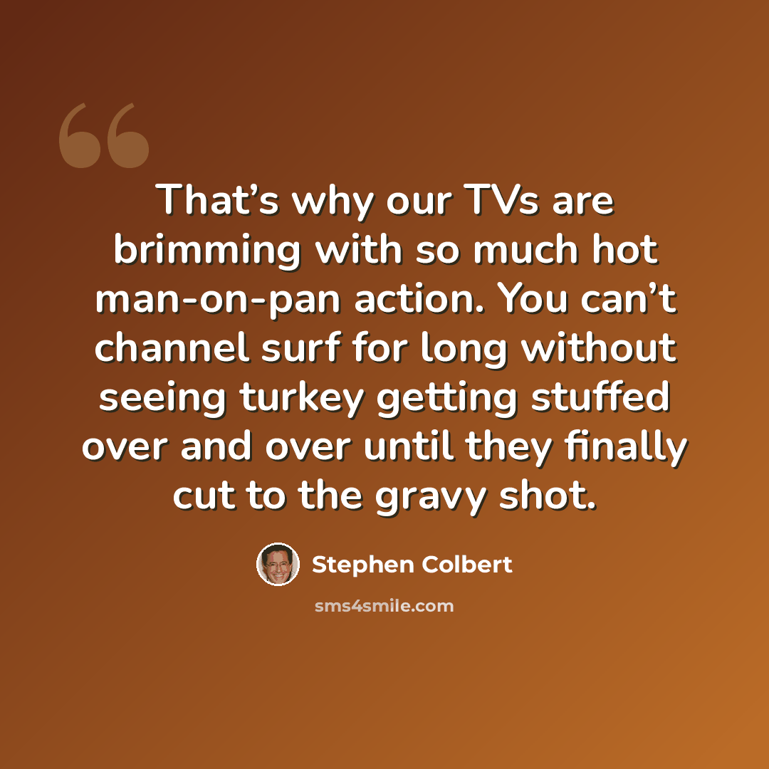 “That’s why our TVs are brimming with so much hot man-on-pan action. You can’t channel surf for long without seeing turkey getting stuffed over and over until they finally cut to the gravy shot.” quote by Stephen Colbert