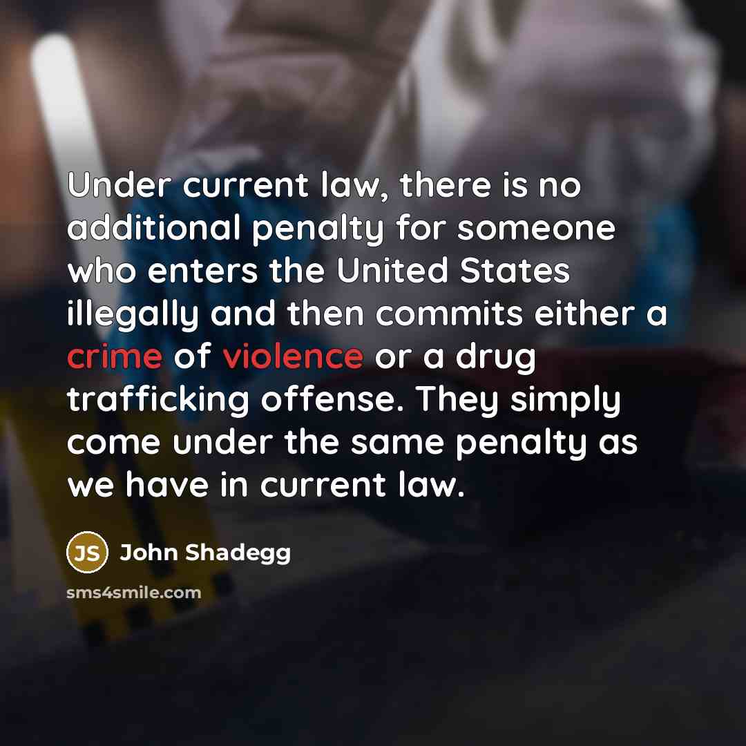 “Under current law, there is no additional penalty for someone who enters the United States illegally and then commits either a crime of violence or a drug trafficking offense. They simply come under the same penalty as we have in current law.” quote by John Shadegg