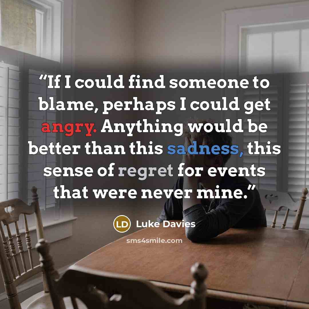 “If I could find someone to blame, perhaps I could get angry. Anything would be better than this sadness, this sense of regret for events that were never mine.” quote by Luke Davies