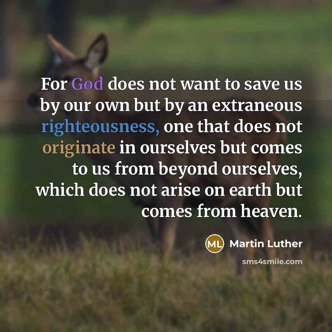 “For God does not want to save us by our own but by an extraneous righteousness, one that does not originate in ourselves but comes to us from beyond ourselves, which does not arise on earth but comes from heaven.” quote by Martin Luther