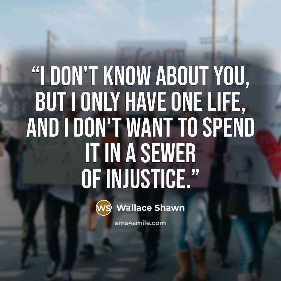 “I don't know about you, but I only have one life, and I don't want to spend it in a sewer of injustice.” quote by Wallace Shawn