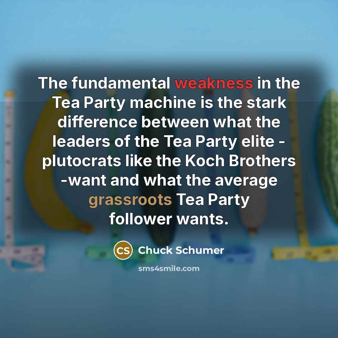 “The fundamental weakness in the Tea Party machine is the stark difference between what the leaders of the Tea Party elite - plutocrats like the Koch Brothers -want and what the average grassroots Tea Party follower wants.” quote by Chuck Schumer
