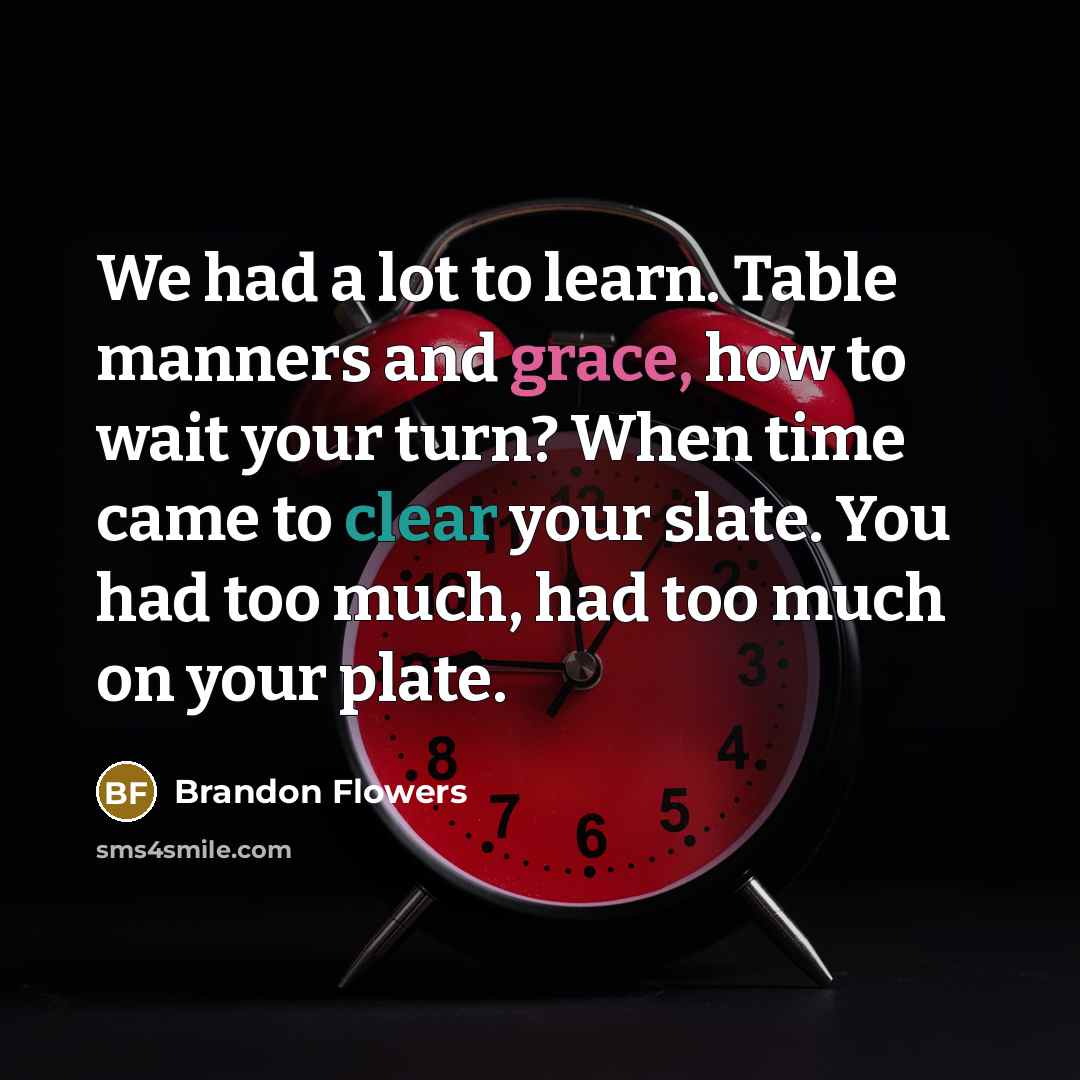 “We had a lot to learn. Table manners and grace, how to wait your turn? When time came to clear your slate. You had too much, had too much on your plate.” quote by Brandon Flowers